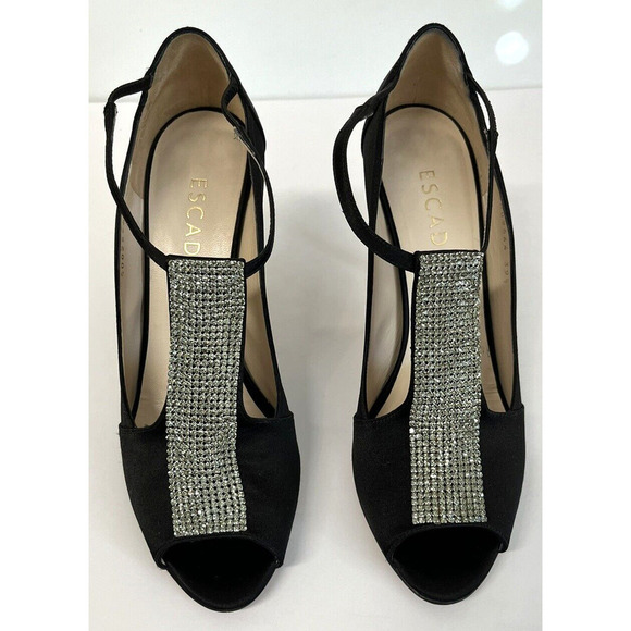 ESCADA Crystal Jeweled Satin T-Strap Heeled Shoes Size 39.5/9 US Peep Toe - Picture 4 of 13
